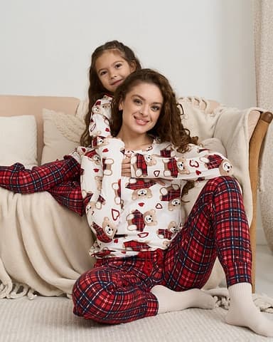 Жіночий комплект зі штанами Ведмедики - кофтинка в рубчик - Family look мама/донька - зображення 1