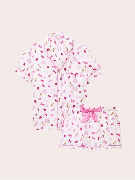 Сатинова піжама PINK x LoveShackFancy Satin Short Pajama Set - колір VS White Bisous - зображення 1